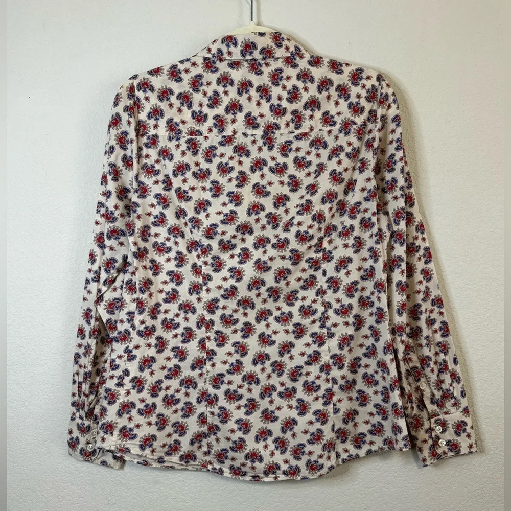 J Crew Cotton White Red Blue Perfect Paisley Long Sleeve Button Front Shirt Sz 4